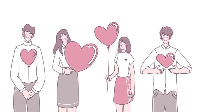 Pessoas segurando balões de coração  Ilustração