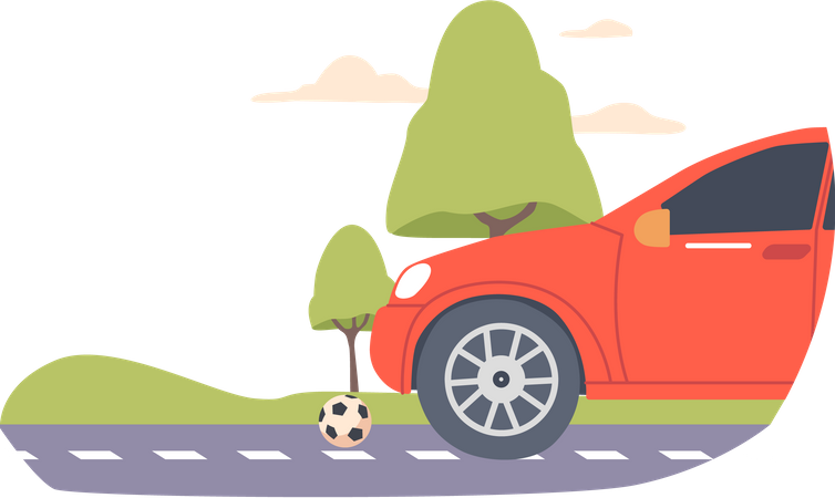 Balón de fútbol tirado cerca del coche Ilustración