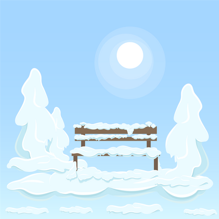 Banc En Bois Sous La Neige Entre Les Arbres  Illustration
