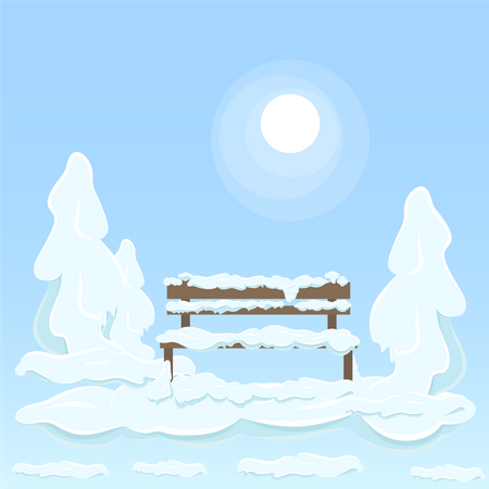 Banco de madera bajo la nieve entre árboles  Ilustración