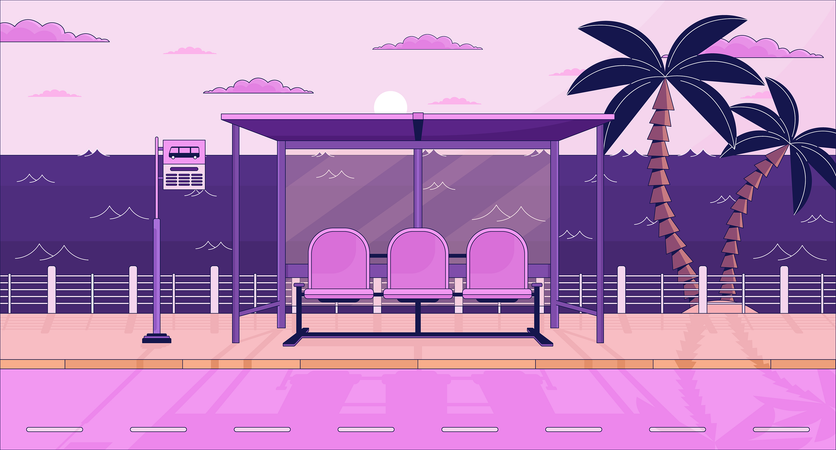 Banco de parada de autobús en el paseo marítimo crepuscular  Ilustración