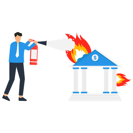 El banco en llamas se está extinguiendo con un extintor  Ilustración