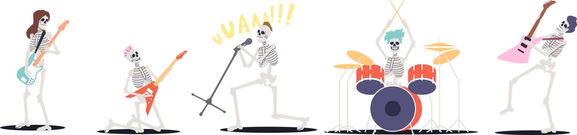 Bando de esqueletos tocando guitarras elétricas  Ilustração