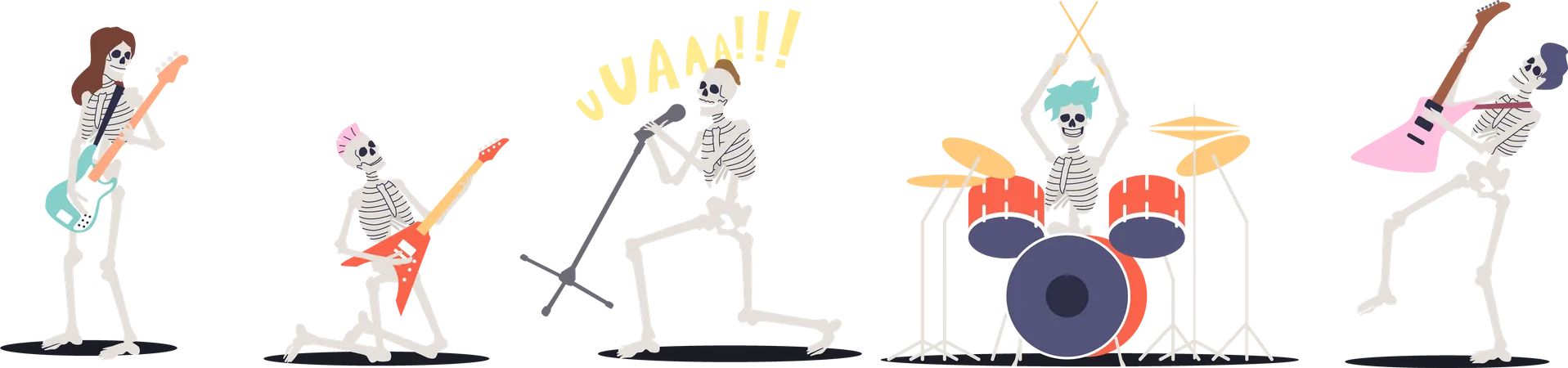 Bando de esqueletos tocando guitarras elétricas  Ilustração
