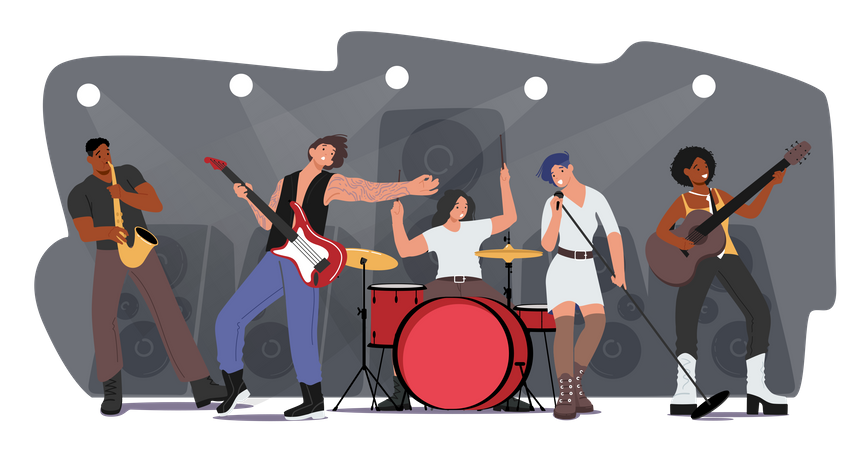 Hard Rock Band tocando en vivo en un concierto  Ilustración