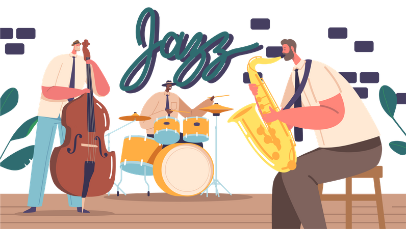 Banda de jazz en el escenario interpretando música  Ilustración