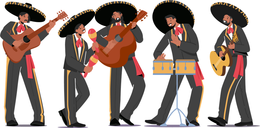 Banda de músicos mexicanos se apresentando no palco  Ilustração