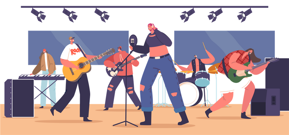 Banda de rock interpretando concierto de música en el escenario  Ilustración