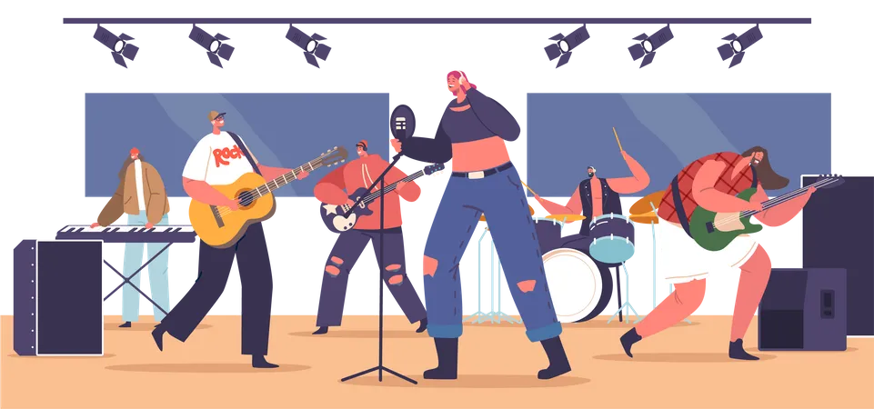 Banda de rock interpretando concierto de música en el escenario  Ilustración