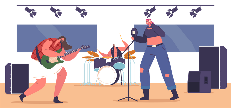 Banda de rock realizando un concierto musical en el escenario  Ilustración
