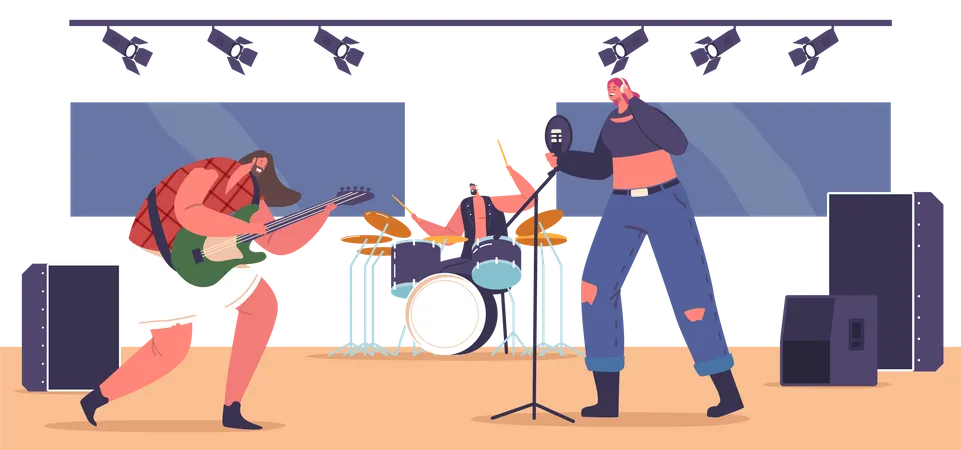 Banda de rock realizando un concierto musical en el escenario  Ilustración