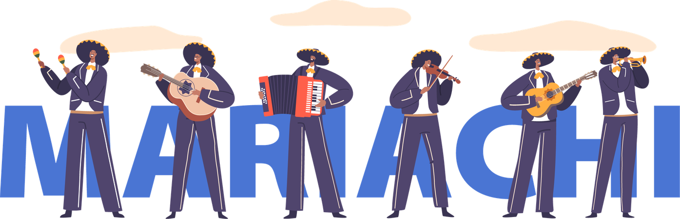 Banda Mariachi toca música mexicana animada  Ilustração