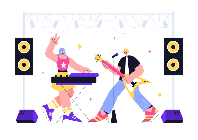 Banda tocando en un concierto de música  Ilustración