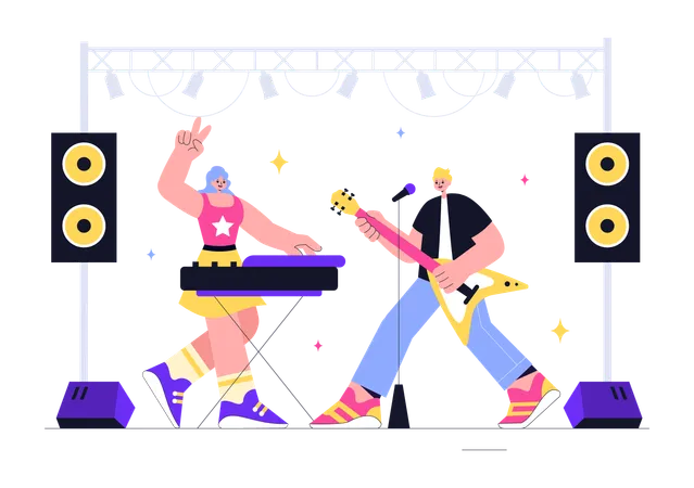 Banda tocando en un concierto de música  Ilustración