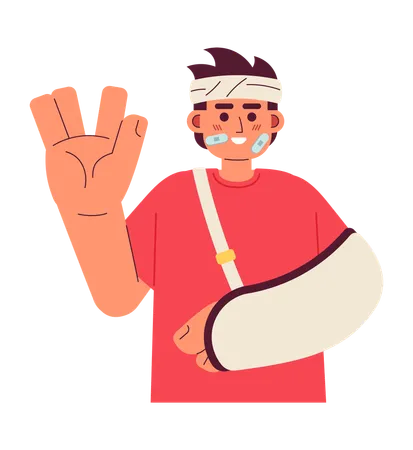 Bandage Wrapped Man Cheerful With Arm Sling Cartoon Flat Illustration Upbeat Asian Man Vulcan Greeting 2 D Character Isolated On White Background Happy Accident Recovery Scene Vector Color Image Illustration