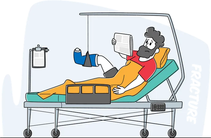 Bandaged Male Lying on Bed with Bounded Broken Leg Illustration