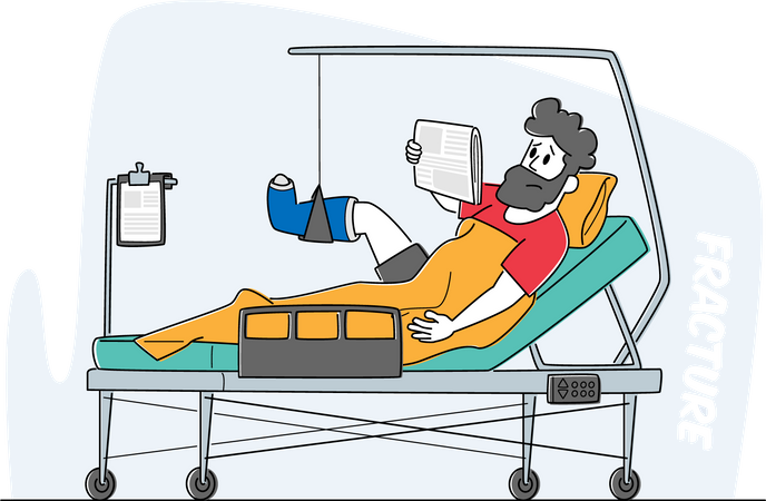 Bandaged Male Lying on Bed with Bounded Broken Leg  Illustration