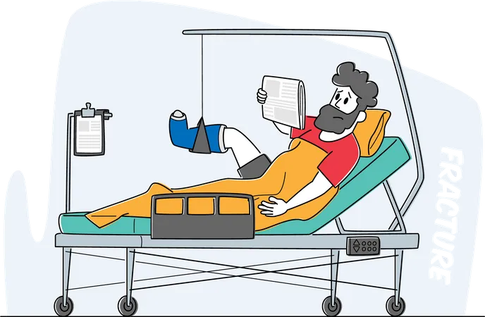 Bandaged Male Lying on Bed with Bounded Broken Leg  Illustration