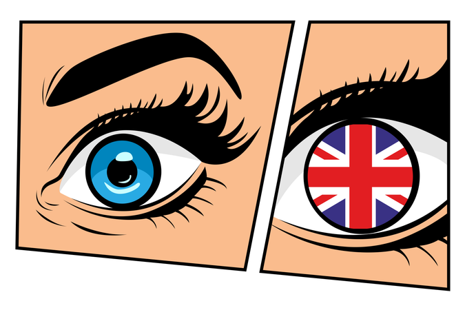 Bandeira da Grã-Bretanha em belo estilo retro de arte pop de storyboard em quadrinhos de olhos masculinos ou femininos. Mulher sexy surpresa com a boca aberta. Fundo vetorial colorido em estilo cômico retrô pop art.  Ilustração