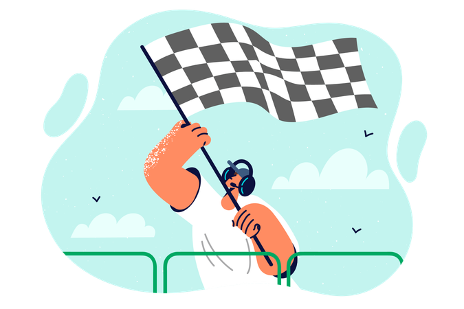 Bandera de salida en manos del hombre que anuncia el inicio de la carrera y da la señal a los conductores  Ilustración