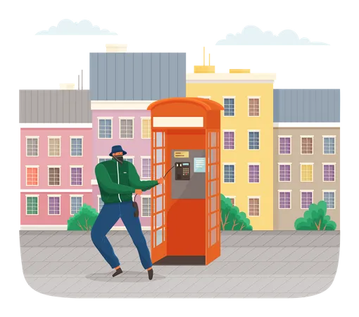 Vandal Damaging The Telephone Booth On The Town Street Bandit In Mask And Hat Destroy City Property Street Gangsters And Vandalism Concept Cartoon Vector Illustration With A Man Breaks Telephone Illustration