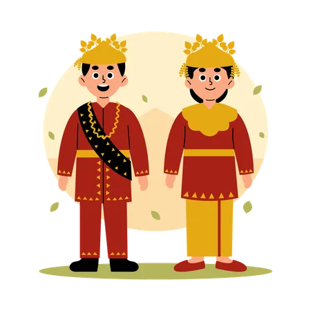 Illustration Of A Man And Woman Dressed In Traditional Bangka Belitung Clothing Showcasing The Rich Cultural Heritage Of Indonesia Illustration