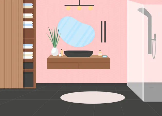 Ilustracao Vetorial De Cor Plana De Banheiro De Luxo Rosa Chuveiro Para Higiene Pessoal Lave Limpe Na Torneira Moveis Domesticos Interior De Desenho Animado 2 D De Quarto Moderno Com Pia E Espelho No Fundo Ilustração