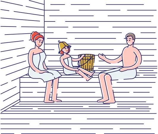 Família tomando banho na sauna  Ilustração