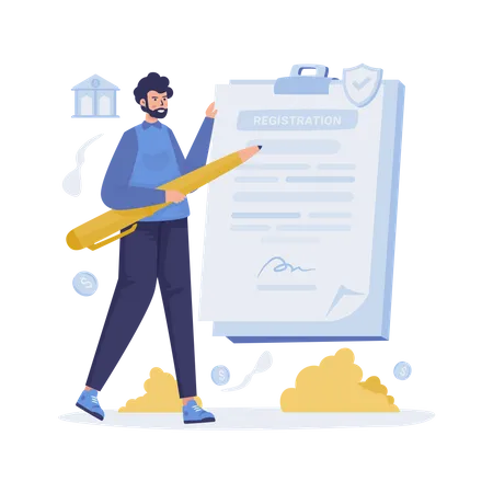 A Man Fills Out A Bank Account Registration Form Vector Illustration イラスト