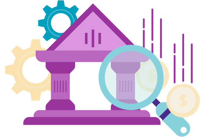 Bank building and magnifying glass  Illustration