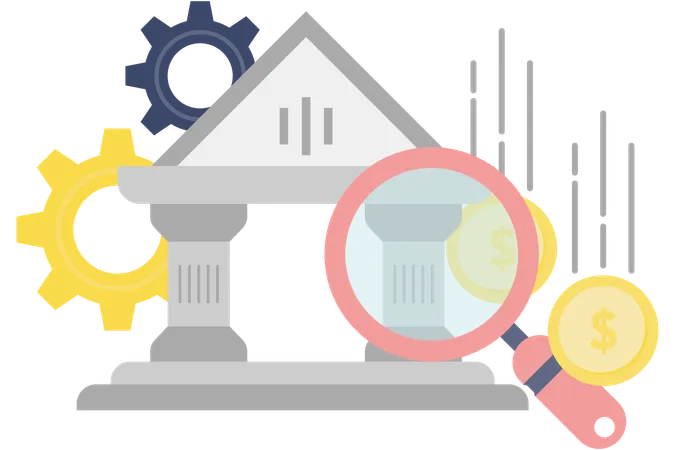 Bank building and magnifying glass  Illustration