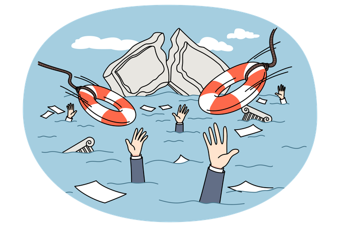 銀行の建物と水に溺れる人々  イラスト