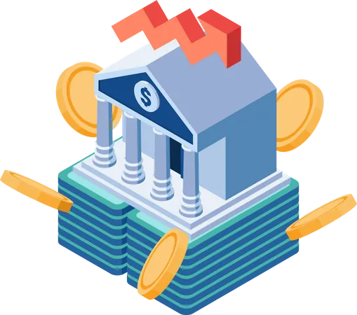 Flat 3 D Isometric Bank Building On Pile Of Money And Coin Saving And Financial Concept Illustration