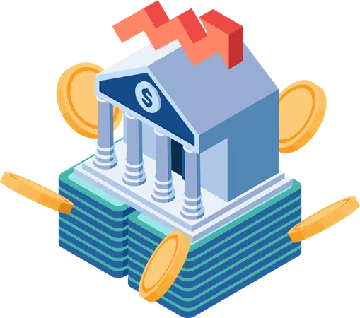 Bank Building on Pile of Money and Coin  Illustration
