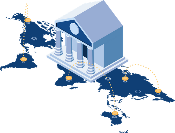 Bank Building on World Map with Global Money Transfer  Illustration