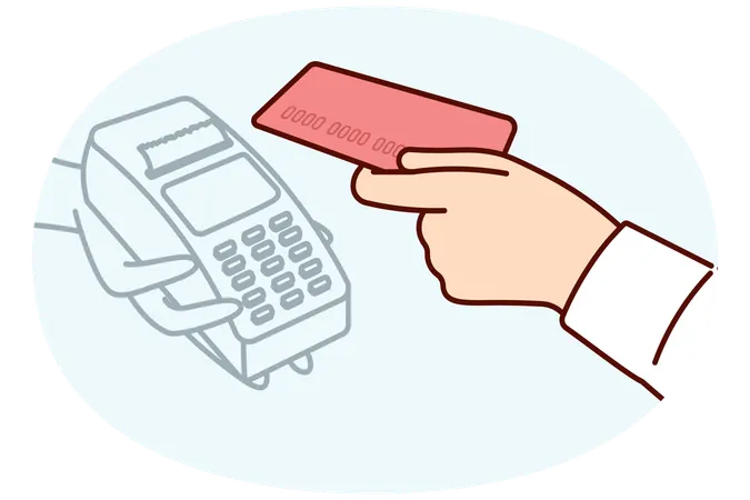 Bank card and POS terminal in hands of person for accepting contactless payment at checkout of store  Illustration
