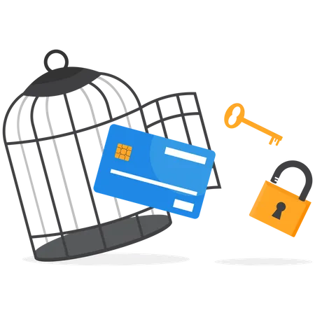 Bank card with key free himself from cage  Illustration