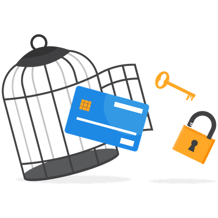 Bank card with key free himself from cage  Illustration