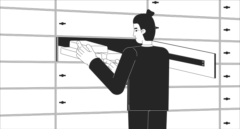 Bank employee storing gold bars in safe deposit box  Illustration