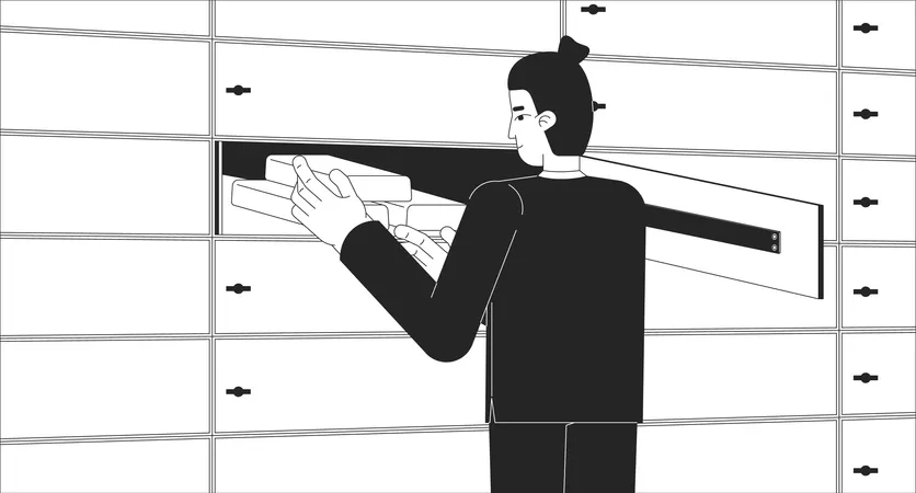 Bank employee storing gold bars in safe deposit box  Illustration