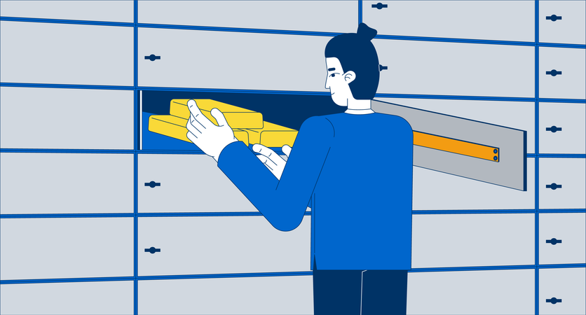 Bank employee storing gold bars in safe deposit box  Illustration