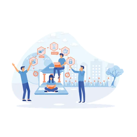 Bank employers help to carry out online payment and savings transactions around world  Illustration