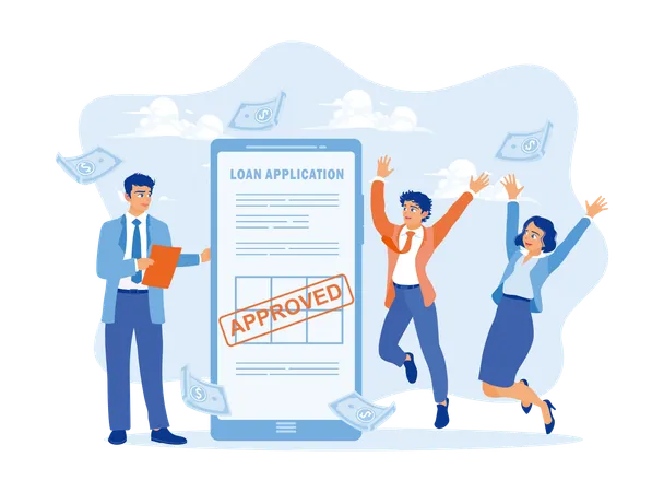 Bank officer holding loan agreement document while People jump after loan application approved  Illustration