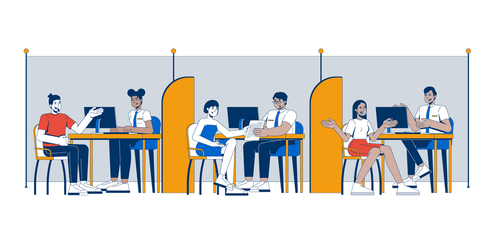 Bank officers assisting customers at consultation desks  Illustration