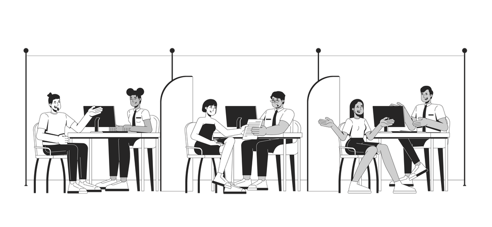 Bank officers assisting customers at consultation desks  Illustration
