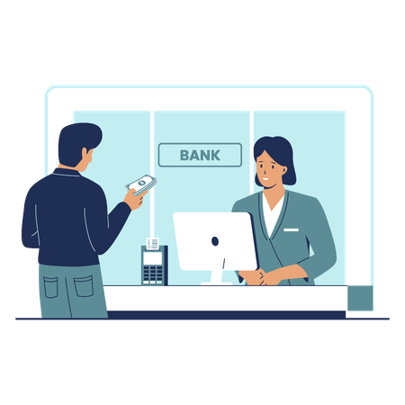 Bank teller servicing customer in bank  Illustration