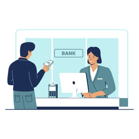 Bank teller servicing customer in bank  Illustration