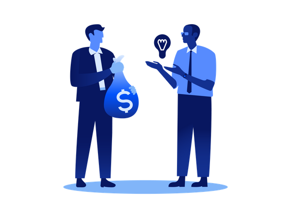 Banker hält einen Sack voll Geld und steht neben einem Mann, der eine Idee für ein Start-up hat  Illustration
