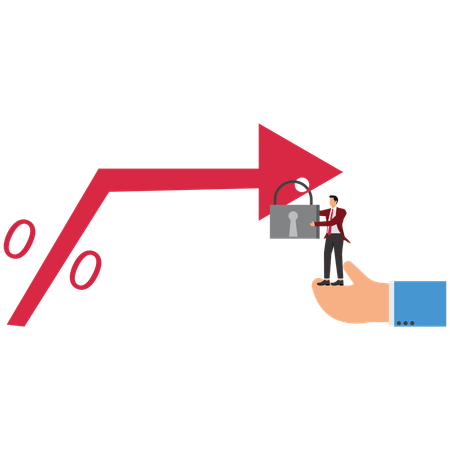 Banker hand put giant padlock on arrow and fixed interest rate  Illustration