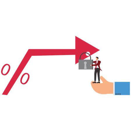 Banker hand put giant padlock on arrow and fixed interest rate  Illustration